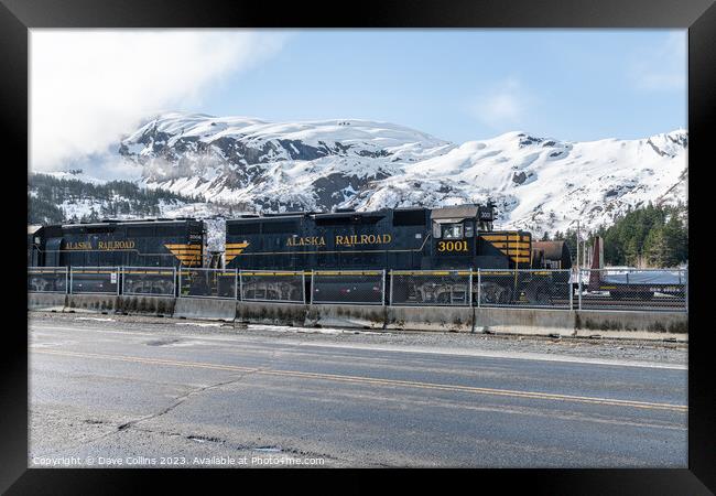 Alaska Railroad Locomotive 3001 with snow covered mountains behind, Whittier, Alaska, USA Framed Print by Dave Collins