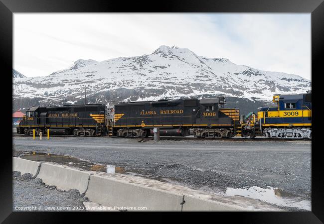 Outdoor Alaska Railroad Locomotives 3001 3006 and  3009 with snow covered mountains behind, Whittier, Alaska, USA Framed Print by Dave Collins