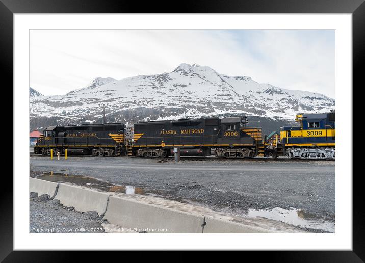 Outdoor Alaska Railroad Locomotives 3001 3006 and  3009 with snow covered mountains behind, Whittier, Alaska, USA Framed Mounted Print by Dave Collins