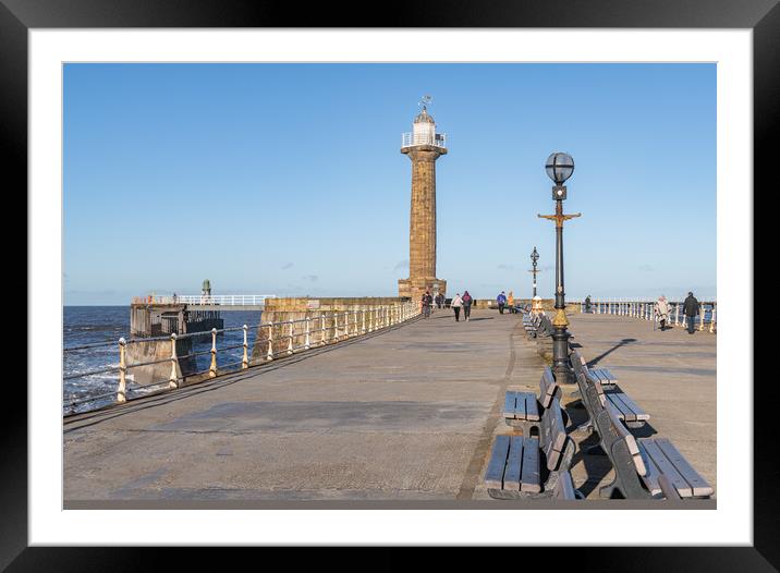 West Pier harbour lighthouse from the west pier, Whitby, Yorkshire, England Framed Mounted Print by Dave Collins