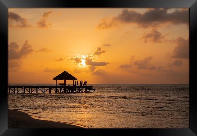 End of Pier Sunset Party, Maldives Framed Print by Dave Collins