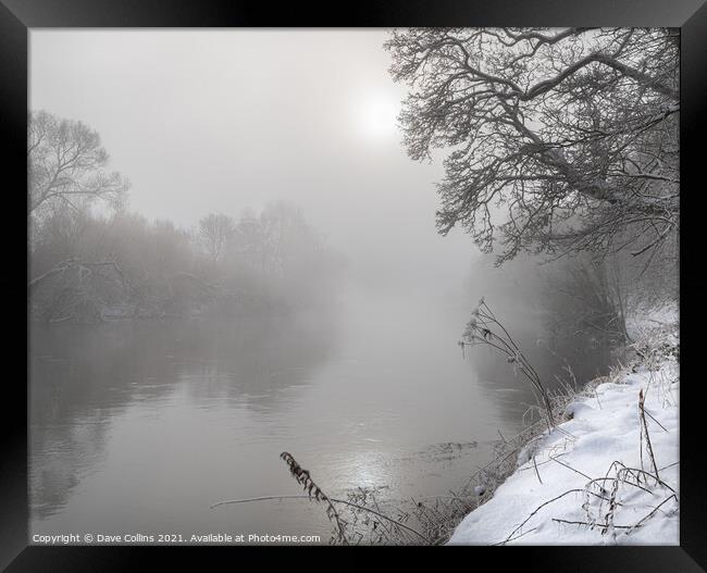 Sun breaking through the mist over the Teviot River in winter snow in the Scottish Borders Framed Print by Dave Collins