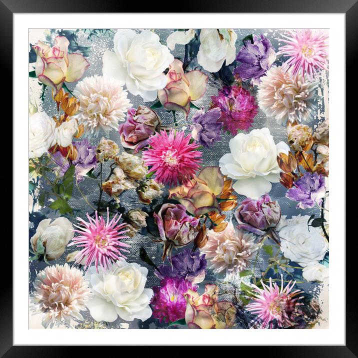 Floral pattern on gray grunge background Framed Mounted Print by Larisa Siverina
