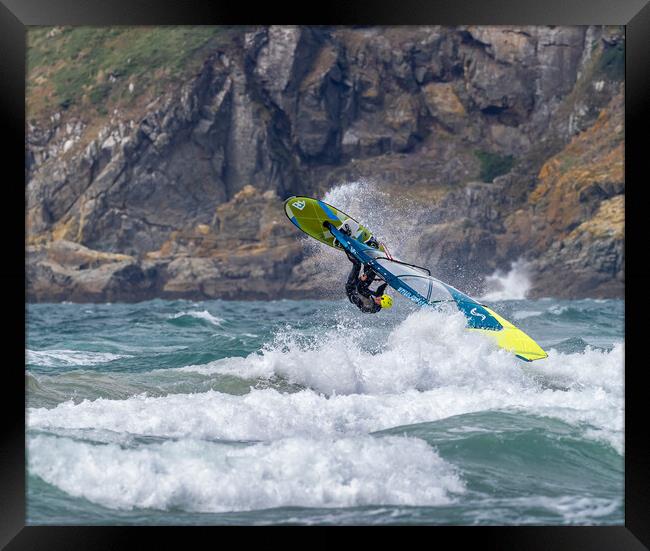 The Acrobatic Windsurfer at Newgale. Framed Print by Colin Allen