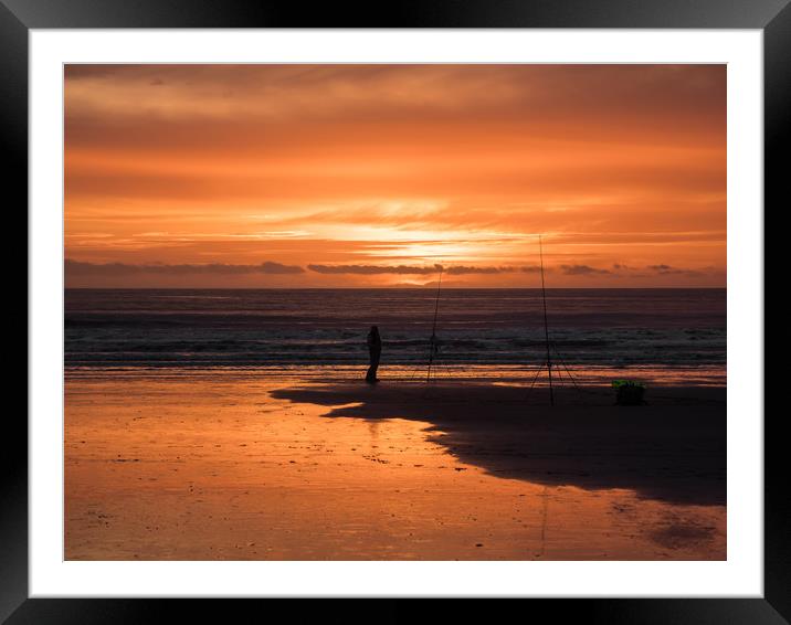 Fisherman and a Glorious Sunset at Newgale. Framed Mounted Print by Colin Allen