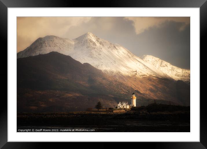 Isleornsay Lighthouse against Snow Capped Mountain Framed Mounted Print by Geoff Moore