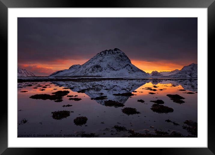 Lofoten Islands and the peak of Maltiden at sunset Framed Mounted Print by Simon Booth