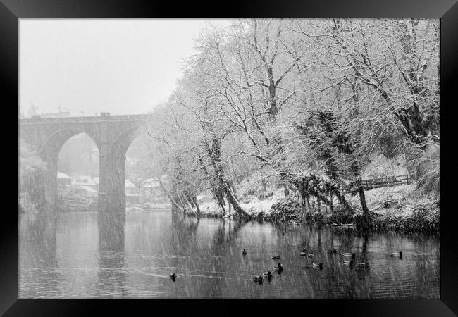 Knaresborough Viaduct in winter snow Framed Print by mike morley