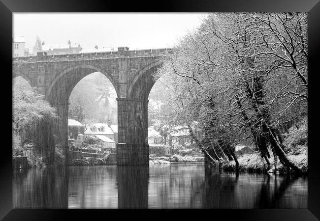 Knaresborough Viaduct in winter snow Framed Print by mike morley