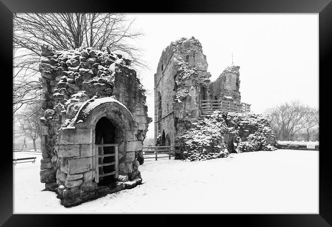 Knaresborough Castle in snow Framed Print by mike morley