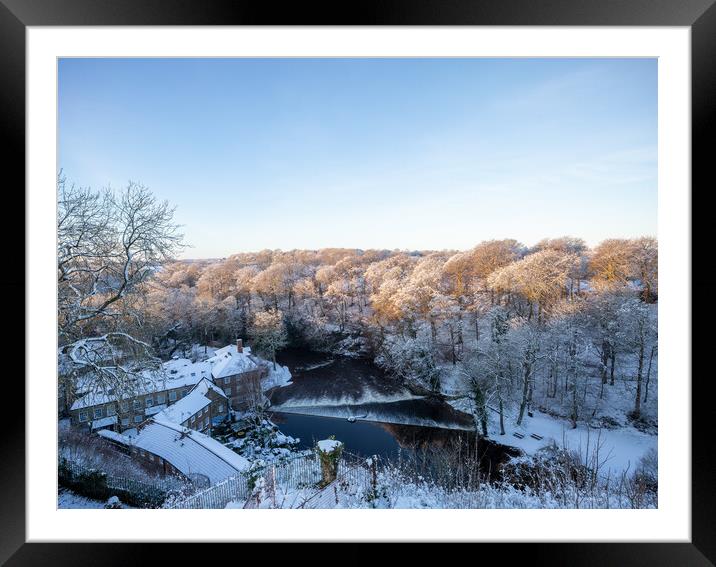 Winter snow sunrise over the river Nidd in Knaresborough, North Yorkshire.  Framed Mounted Print by mike morley