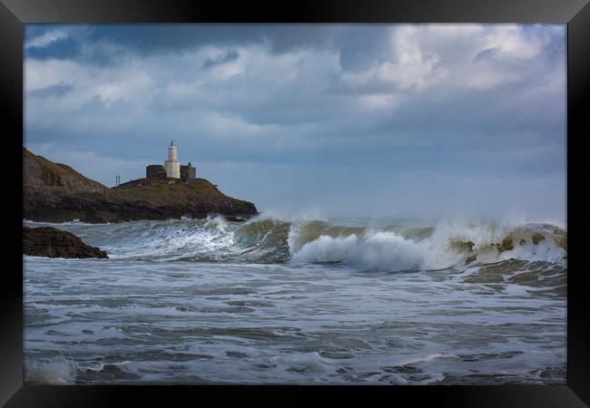 Mumbles lighthouse the wave. Framed Print by Bryn Morgan