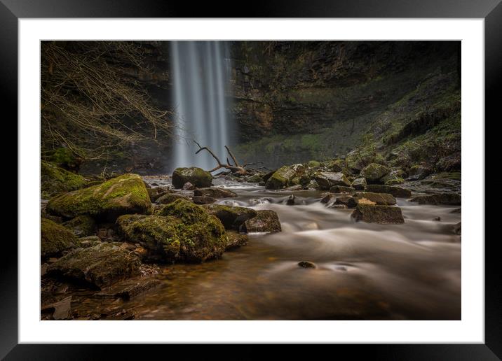 Hendryd falls with dead tree in the water. Framed Mounted Print by Bryn Morgan