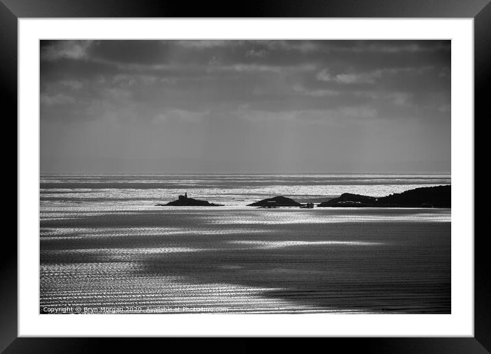 Mumbles lighthouse in black and white Framed Mounted Print by Bryn Morgan