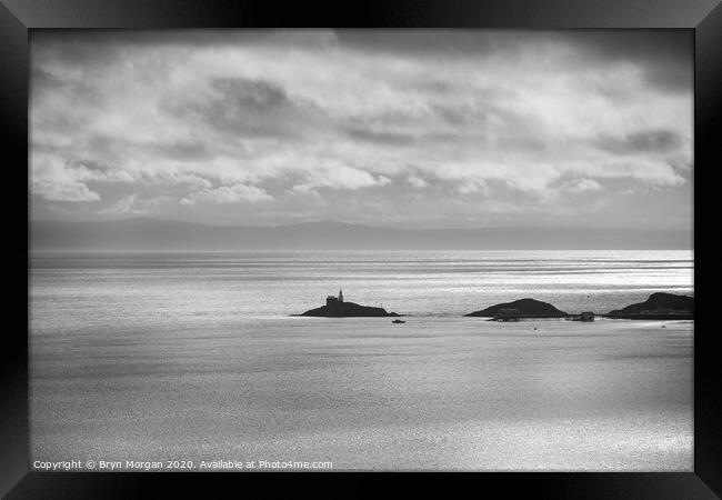 Mumbles lighthouse, black and white Framed Print by Bryn Morgan