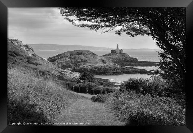 Mumbles lighthouse, black and white Framed Print by Bryn Morgan