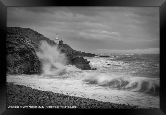 Mumbles lighthouse viewed from Bracelet bay, monochrome Framed Print by Bryn Morgan