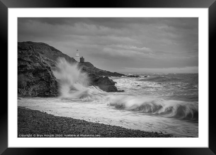 Mumbles lighthouse viewed from Bracelet bay, monochrome Framed Mounted Print by Bryn Morgan