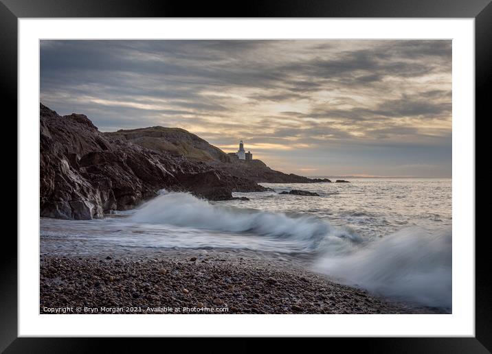 Mumbles lighthouse viewed from Bracelet bay Framed Mounted Print by Bryn Morgan