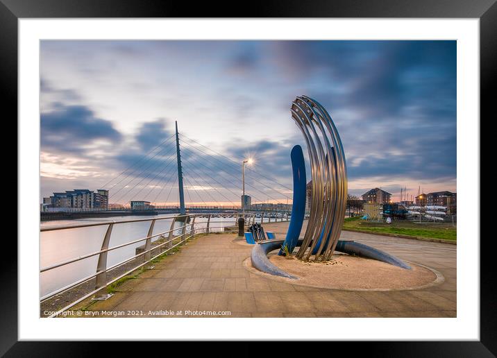 Sail bridge at Swansea marina with sculpture in foreground Framed Mounted Print by Bryn Morgan