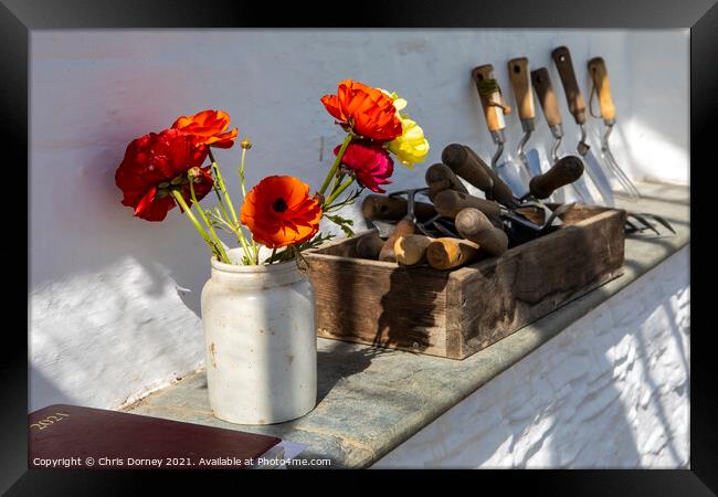 Flowers and Gardening Tools Framed Print by Chris Dorney