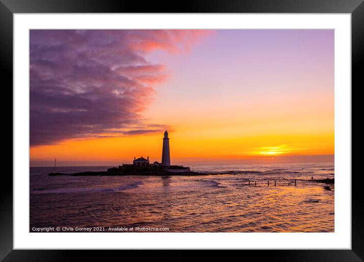 Sunrise at St. Marys Lighthouse in Northumberland, UK Framed Mounted Print by Chris Dorney