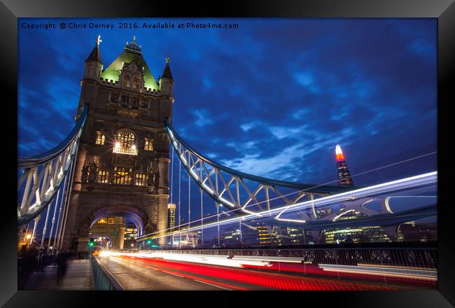 Tower Bridge Light Trails and the Shard Framed Print by Chris Dorney