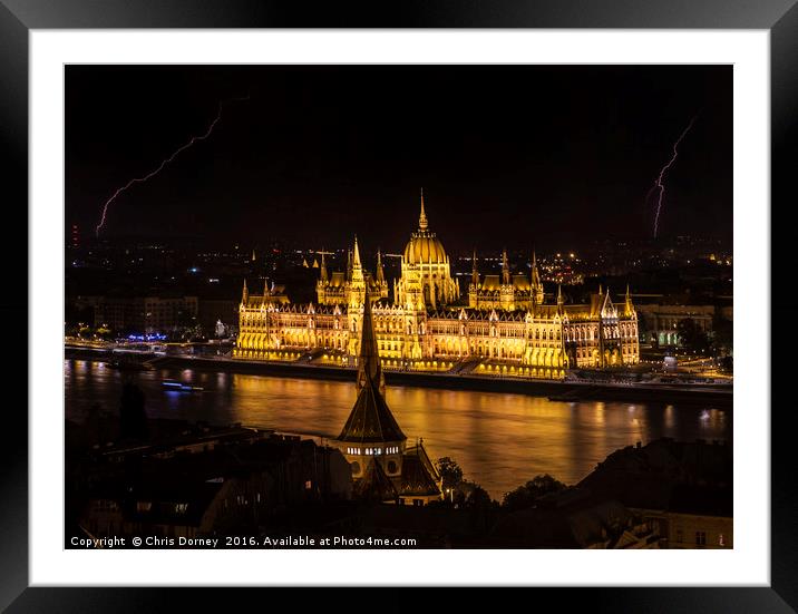 Hungarian Parliament Building and Lightning Framed Mounted Print by Chris Dorney