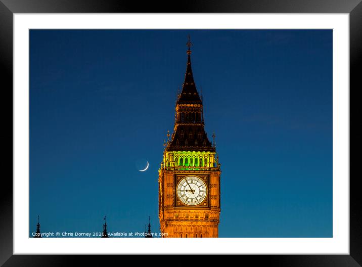 Big Ben and the Moon at Dusk Framed Mounted Print by Chris Dorney