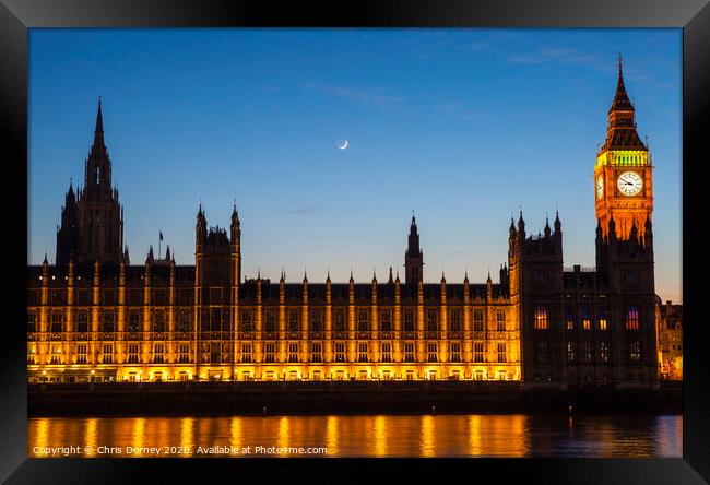 Houses of Parliament in London at Dusk Framed Print by Chris Dorney