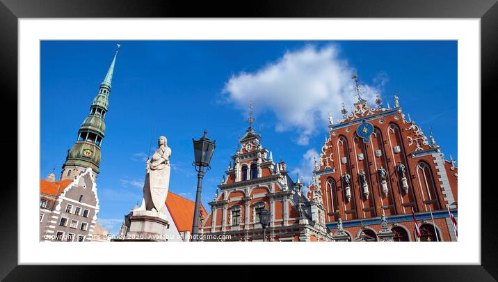 House of the Blackheads, St. Peter's Church and Saint Roland Statue in Riga Framed Mounted Print by Chris Dorney