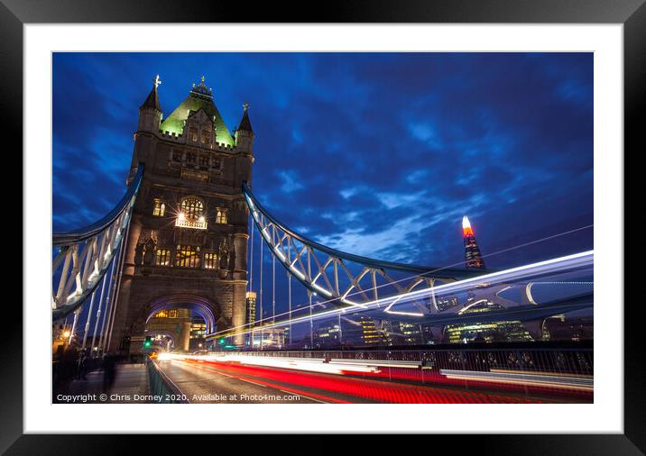 Tower Bridge Light Trails and the Shard Framed Mounted Print by Chris Dorney