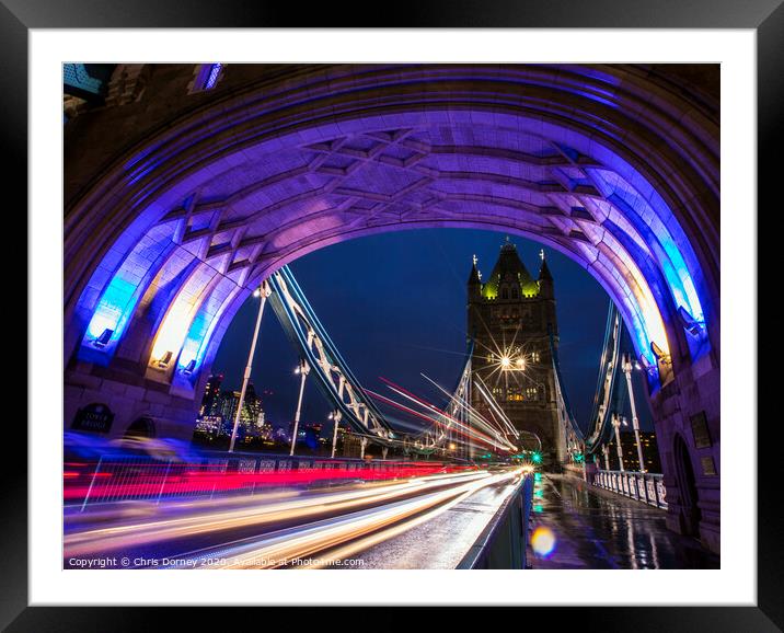 Light Trails on Tower Bridge in London Framed Mounted Print by Chris Dorney