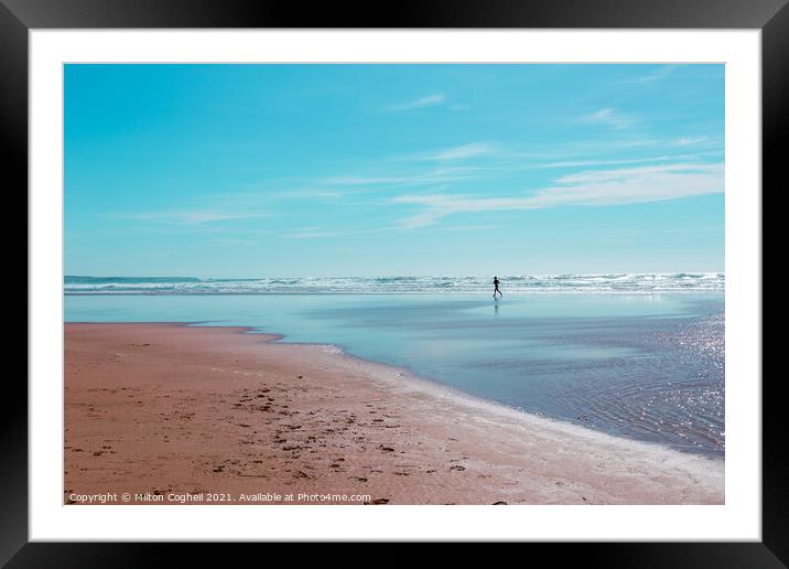 Silhouette of lone jogger on Mawgan Porth beach Framed Mounted Print by Milton Cogheil