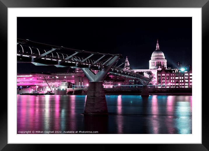 St Paul`s Cathedral and the Millennium Bridge at night Framed Mounted Print by Milton Cogheil
