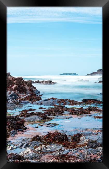 Long exposure of rock pools in Newtrain Bay (Rocky Beach) Cornwall Framed Print by Milton Cogheil