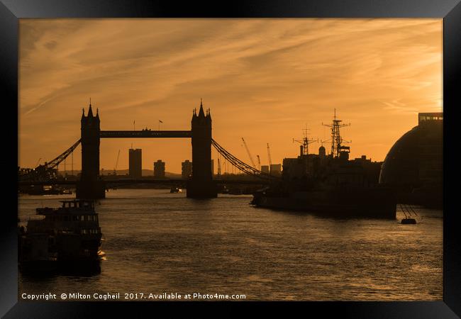Tower Bridge and the River Thames at Sunrise Framed Print by Milton Cogheil