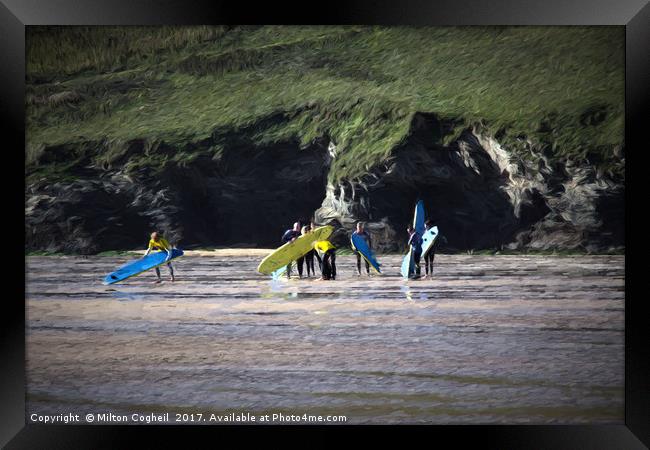 Surfers On Mawgan Porth Beach 2 Framed Print by Milton Cogheil