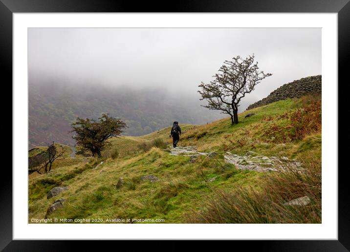 Walker in the Lake District foggy landscape in the Framed Mounted Print by Milton Cogheil