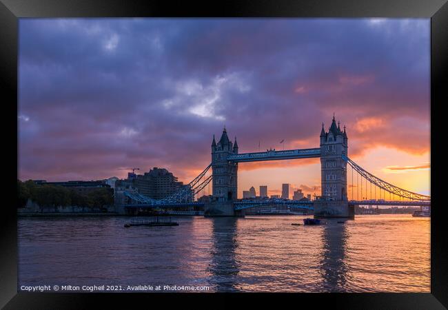 Tower Bridge At Sunrise Framed Print by Milton Cogheil