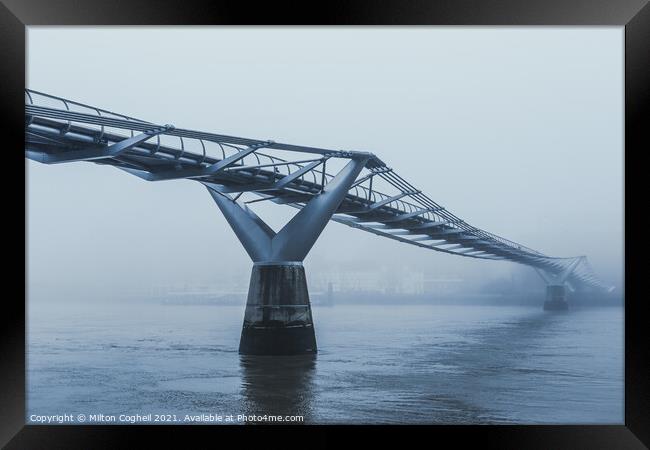 Millennium Bridge London disappearing in heavy fog Framed Print by Milton Cogheil
