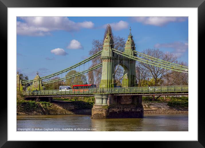 Red London bus on Hammersmith Bridge Framed Mounted Print by Milton Cogheil