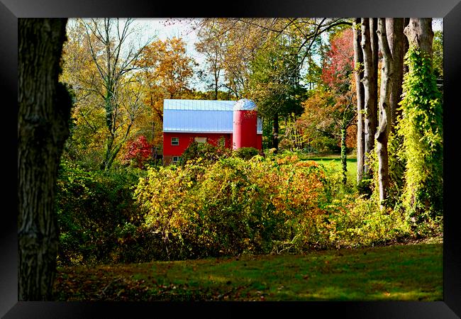 Historic Red Barn and Silo in Fall Framed Print by John Chase