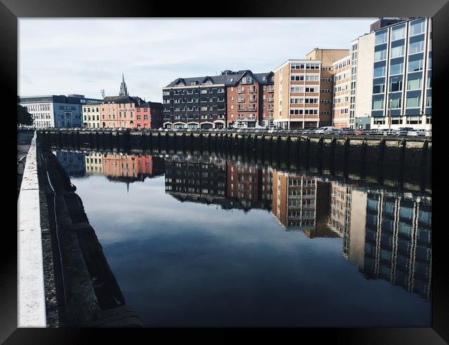 Riverside reflection in Cork City, Ireland Framed Print by Jennifer Crowley