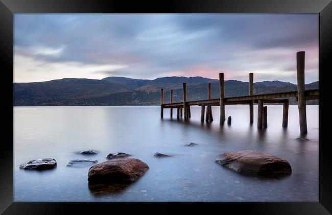 Jetty on Lake Coniston at sunset Framed Print by Colin Jarvis