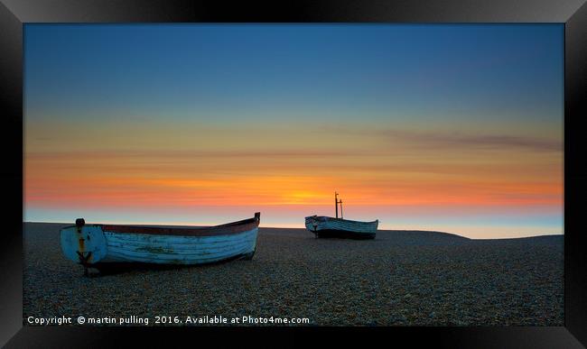 Early morning fishing boats on an Aldeburgh sunris Framed Print by martin pulling