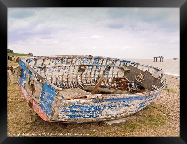 Abandoned Derelict wooden fishing boat  Sizewell B Framed Print by john hartley