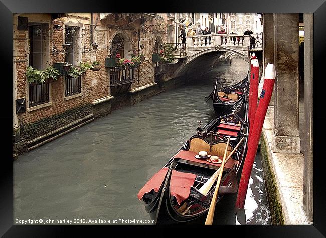 Venice- Gondolas, Canals, Romance Framed Print by john hartley