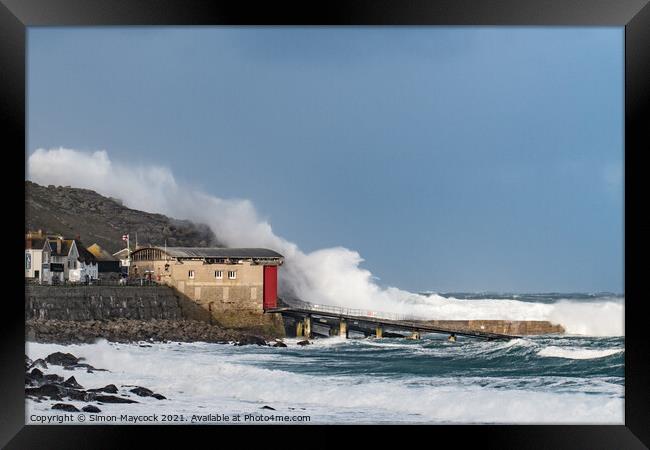 Sennen Lifeboat station Big Waves Framed Print by Simon Maycock