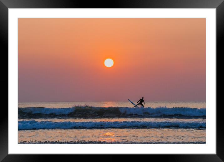 Polzeath sunset surfer #1 Framed Mounted Print by Simon Maycock